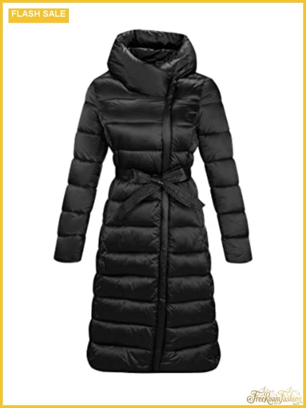 Women's Quilted Puffer Jacket Long Winter Belted Coat Hooded Zip Pockets